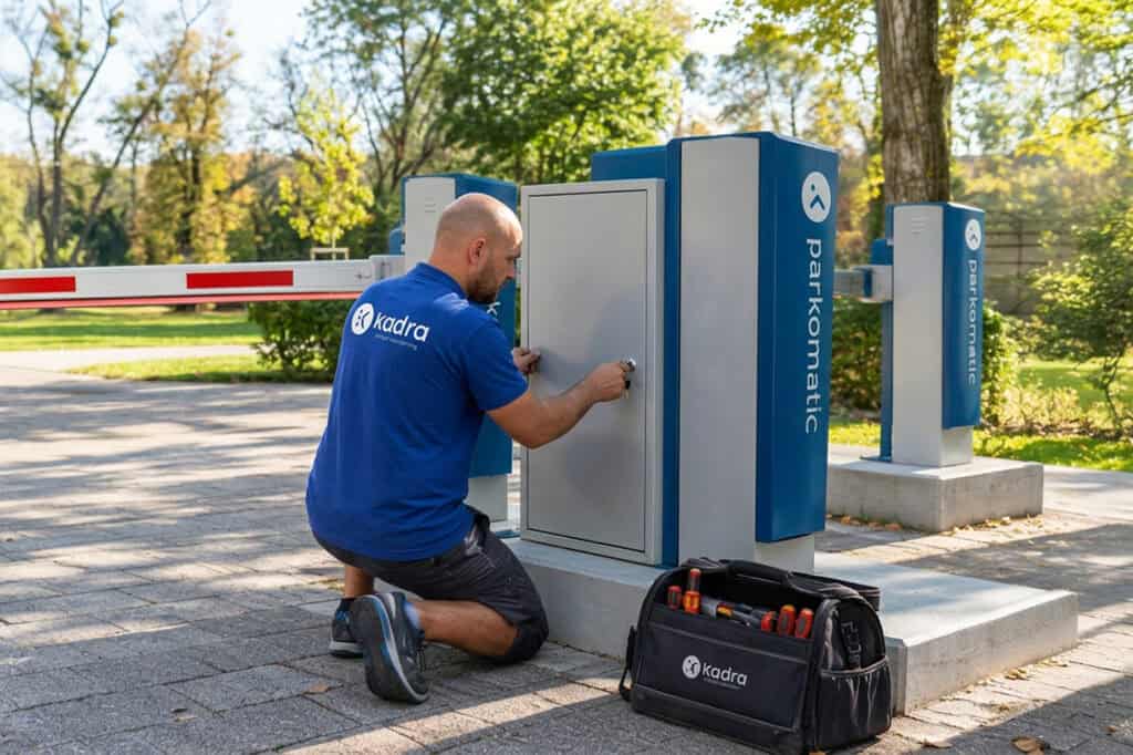 Montaj sistem barieră parcare Kadra pentru control acces și securitate.